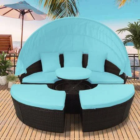 Patio Furniture Daybed Sets - Round Patio Daybed Sunbed with Retractable Canopy, Seating Separates Cushioned Seats, Brown Wicker