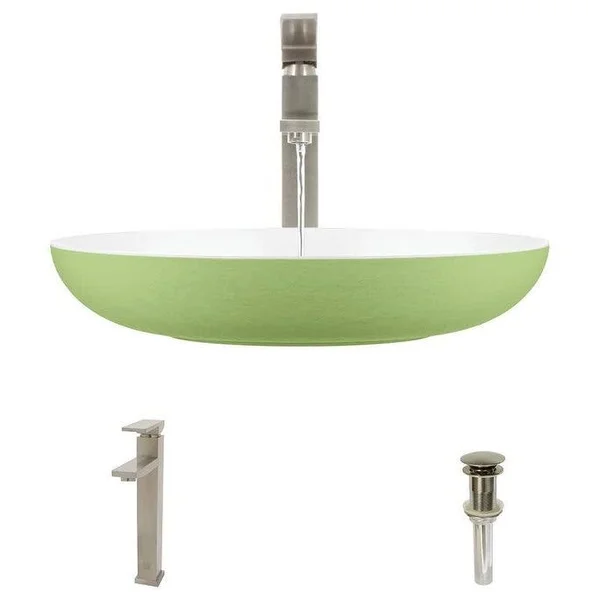 Rene R11-5001-SGE-R9-7003 Stone Composite Oval Vessel Sink with Faucet - Sage - Brushed Nickel