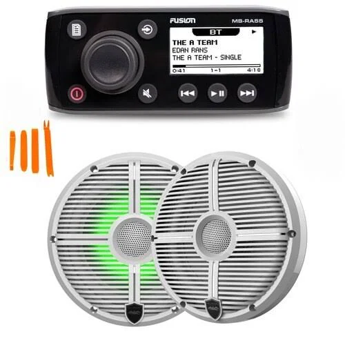 Fusion MS-RA55 Compact Marine AM/FM/BT Stereo with 1 Pair Wet Sounds Recon6-Xww-Rgb High Output 6.5x22 RGB Lighting Marine Coaxi