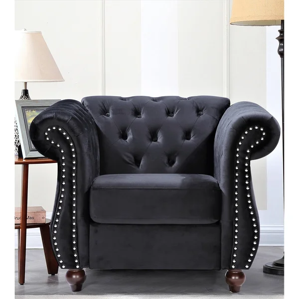 Kemos Classy Velvet Chesterfield Armchair - Black