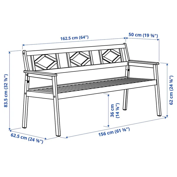 IKEA - BONDHOLMEN Bench with backrest, Outdoor, Gray, Width: 64 1/8