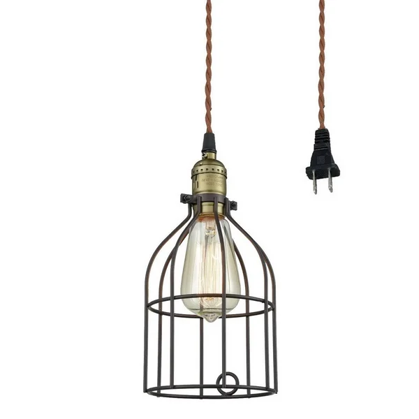 AXILAND Industrial Vintage Style Mini Plug in Pendant Light Metal Bird Cage Edison Hanging Light with Toggle Switch