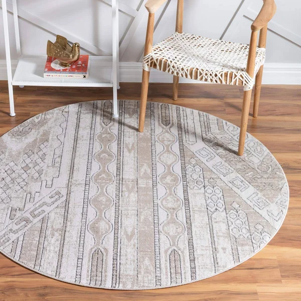 Southwestern Grand Canyon Aztec Area Rug 5 ft Round, Tan