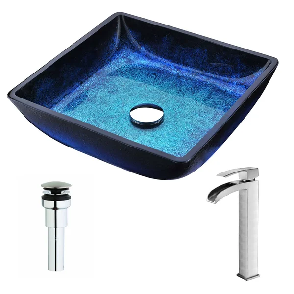 Anzzi LSAZ056-097B Viace Series Deco-Glass Vessel Sink Blazing Blue with Key Faucet Brushed Nickel