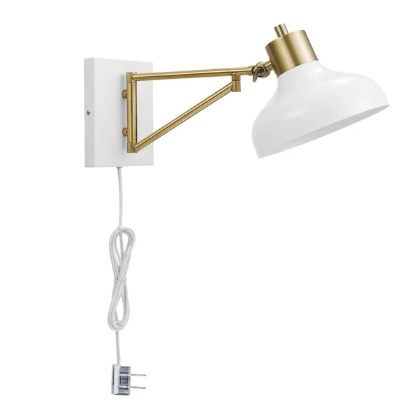 Globe Electric Campbell 1-Light White and Brass Plug-In or Hardwire Swing Arm Wall Sconce with 6 ft. Cord 51797