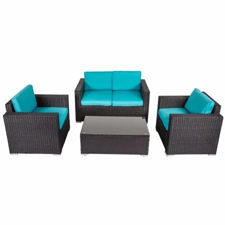 Kinbor New 4 Pcs Rattan Patio Outdoor Furniture Set Garden Lawn Sofa Sectional Set Black, Size: 26.8, Blue
