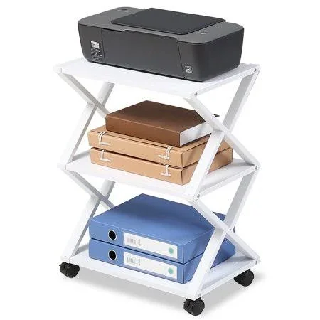 Fitueyes Mobile Printer Stand 3 Tiers Wood/Metal Desk Organizer Storage Book Shelf with Skid Pads for Home and Office, White, Do