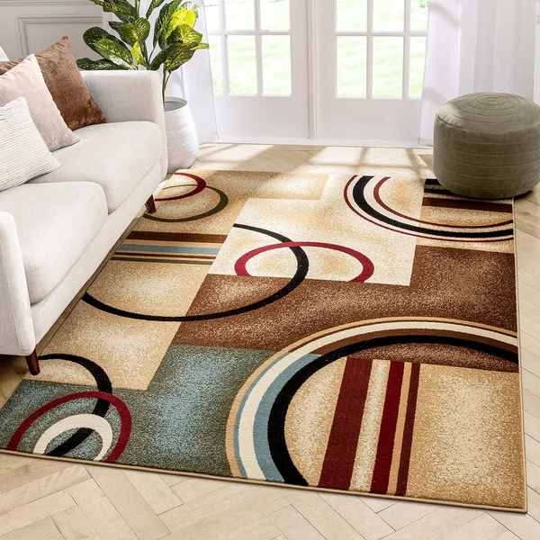 Well Woven Deco Rings Red Ivory Light Blue Geometric Modern Casual Area Rug Easy to Clean Stain Fade Resistant Shed Free Abstrac