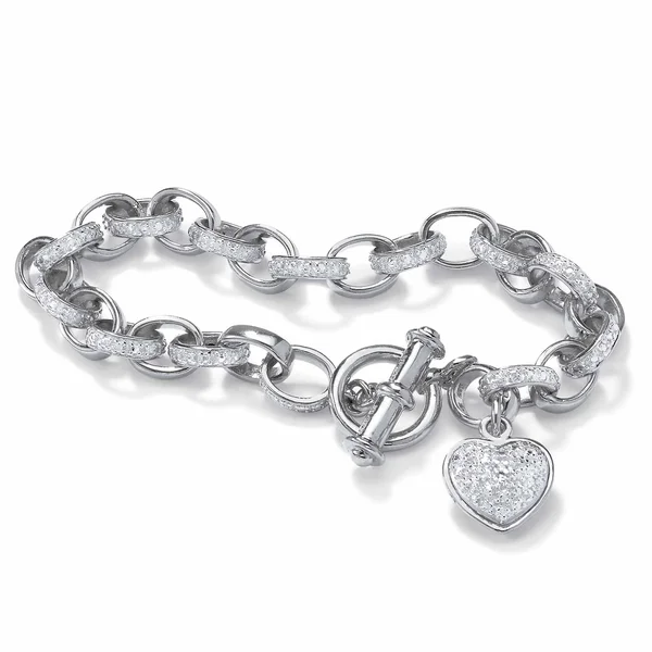 PalmBeach Jewelry Diamond Accent Oval-Link Heart Charm Bracelet Platinum-Plated 7 1/4x22 50608