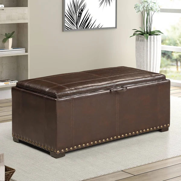 AC Pacific Leather Nailhead Storage Ottoman Bench Cube Set - Brown
