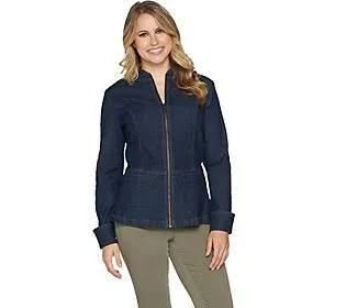 Denim & Co. Stretch Denim Long Sleeve Zip Front Jacket - Size 1X, Dark Indigo