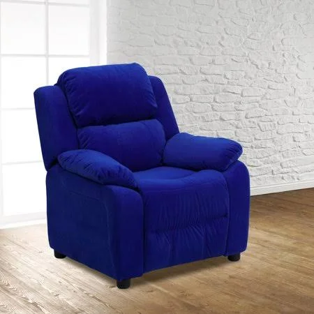 Deluxe Padded Blue Microfiber Kids Recliner with Storage Arms - Size: 25W x 26 - 39D x 28H