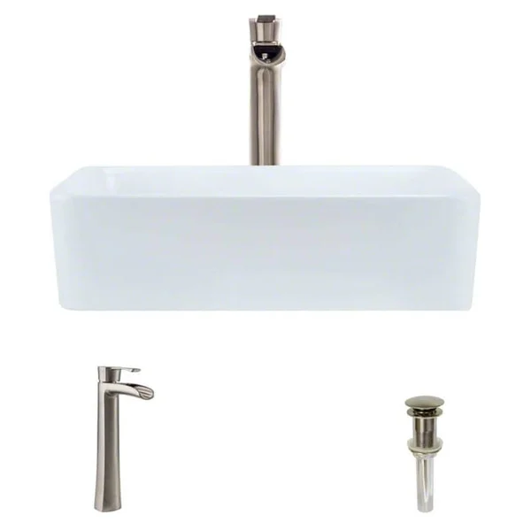 Rene R2-5007-W-R9-7007 White Porcelain Vessel Sink with Vessel Faucet and Vessel Pop-Up Drain - Brushed Nickel