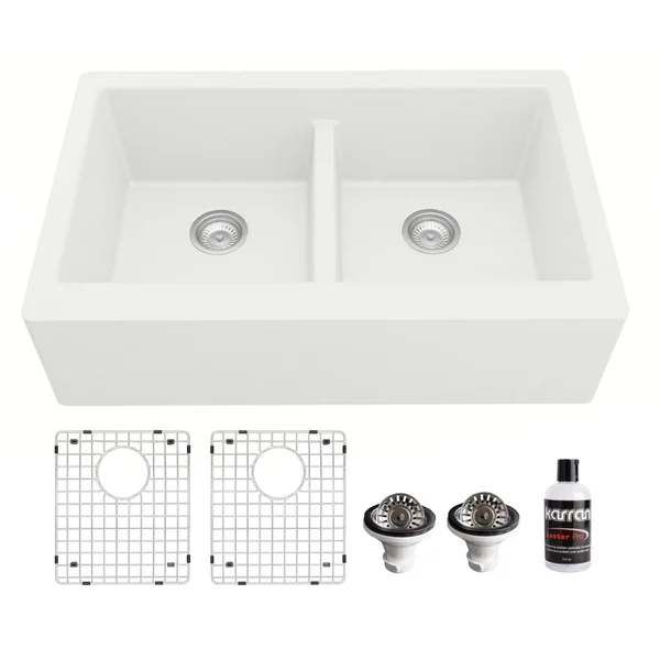 Karran Quartz Farmhouse Apron Front 34-in x 21.25-in White Double Equal Bowl Kitchen Sink, QA-750-WH-PK1