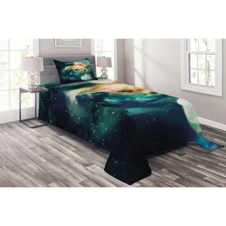 Space Coverlet Set - Spiral Anromeda Galaxy with Planets Mystical Cosmos Fantasy Background Image, Decorative Quilted Bedspread S