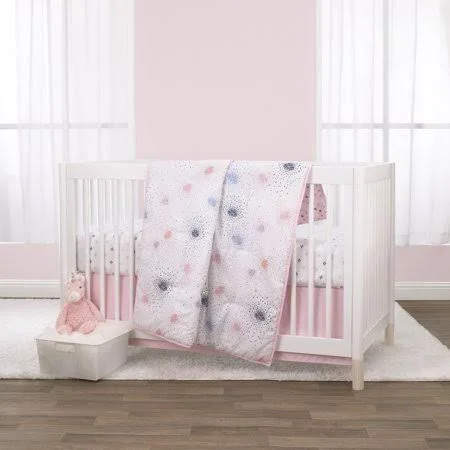 Little Love by Nojo Pink Starburst 3 Piece Crib Bedding Set - Comforter - Fitted Crib Sheet, Dust Ruffle - Pink and White Starbur