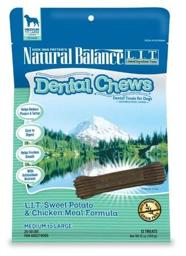 Natural Balance Dental Chews L.I.T. Limited Ingredient Treats Sweet Potato & Chicken Meal Formula, Medium Dog Treats, 13-Oun