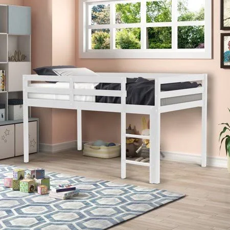 Powerdelux Kids Twin Loft Bed with Stair - Solid Wood Low Sturdy Loft Bed, White