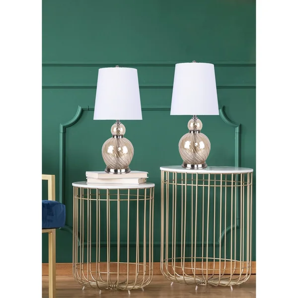 19 inch Clear Amber Glass Accent Lamp w/ Vase-Inspired Base & White Linen Shade (Set of 2)