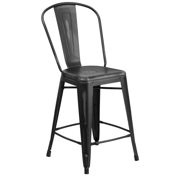 24x22 High Distressed Metal Indoor-Outdoor Counter Height Stool with Back - 17.75x22W x 22x22D x 40.25x22H - Black