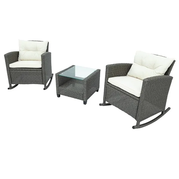 3 Piece Rocking Patio Furniture Set - Brown Rattan and Beige Cushion