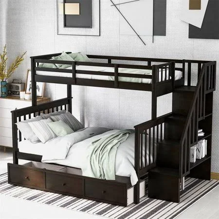 Sentern Stairway Twin Over Full Bunk Bed with Drawer, Storage and Guard RAIL, Espresso, Size: See description, Brown