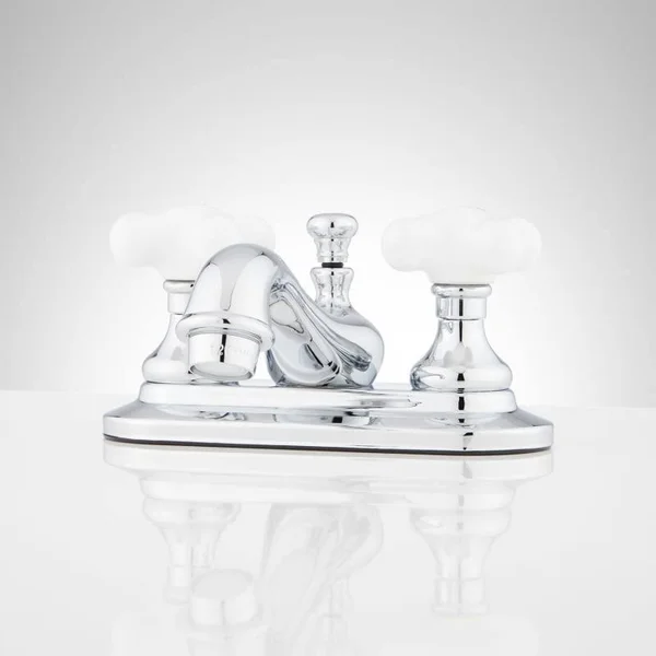 Signature Hardware 904213 Teapot Centerset Bathroom Faucet with Porcelain Cross Handles and Pop-Up Drain Assembly Chrome Faucet