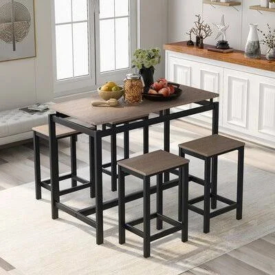 5-Piece Kitchen Counter Height Table Set - Industrial Dining Table with 4 Chairs (Oak) Latitude Run Table Top Color: Dark Brown