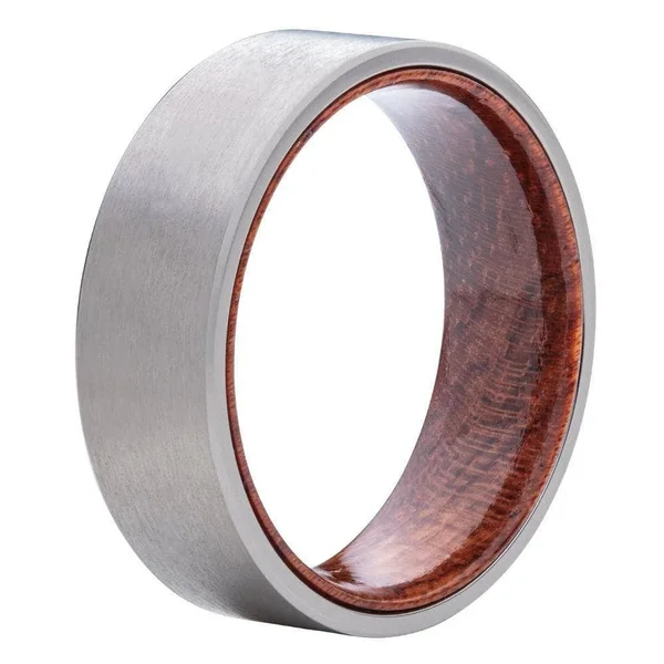 Brushed Titanium Wedding Band with Koa Wood Interior, Alpine Rings