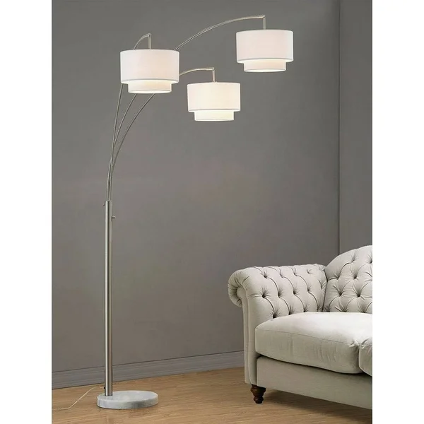 HOMEGLAM Broadway 3-Light 4-Way Switch Arch Floor Lamp Brushed Nickel/White Shades Nickel Brushed - Silver