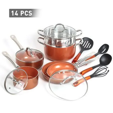 Fgy Copper Nonstick Cookware Pots & Pans Set 14 Pcs with Glass Lid & Kitchen Cooking Utensils Frying Pans Cooking Pots and Pans