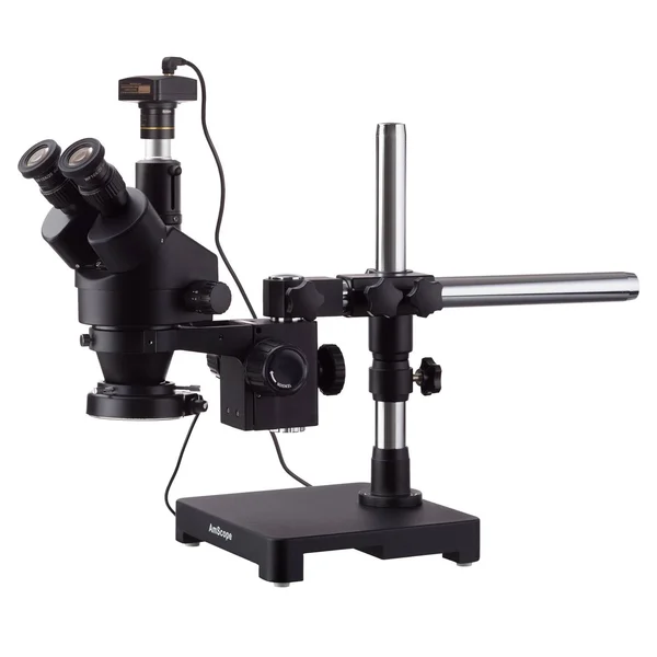 3.5X-45X Black Trinocular Stereo Zoom Microscope on Single Arm Boom Stand + 144 LED Compact Ring-light with Usb2.0 3MP Camera