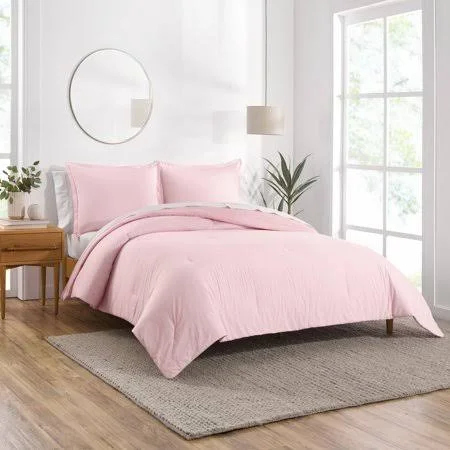 Gap Home Yarn Dyed Washed Chambray Stripe Reversible Organic Cotton Comforter Set - Twin, Blush, 2-Pieces