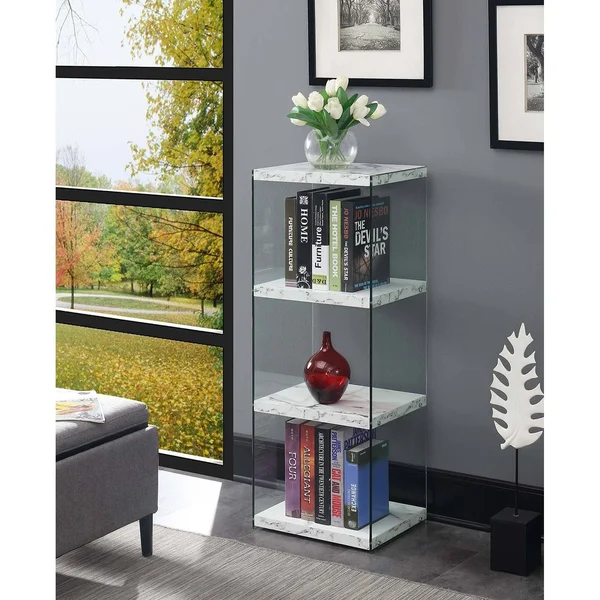 Porch & den Urqhuart 4-Tier Wood and Glass Tower Bookcase - White Faux Marble
