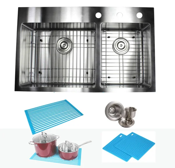 33 inch Drop in Topmount Stainless Steel Kitchen Sink Package 16 Gauge Double 60/40 Bowl Basin w/ 9 Gauge Deck - Complete Sink P, 33" x 22"