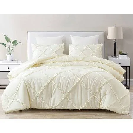 Chezmoi Collection Vivian 3-Piece Diamond Ruffle Trim Washed Microfiber Comforter Set, Size: King, Beige