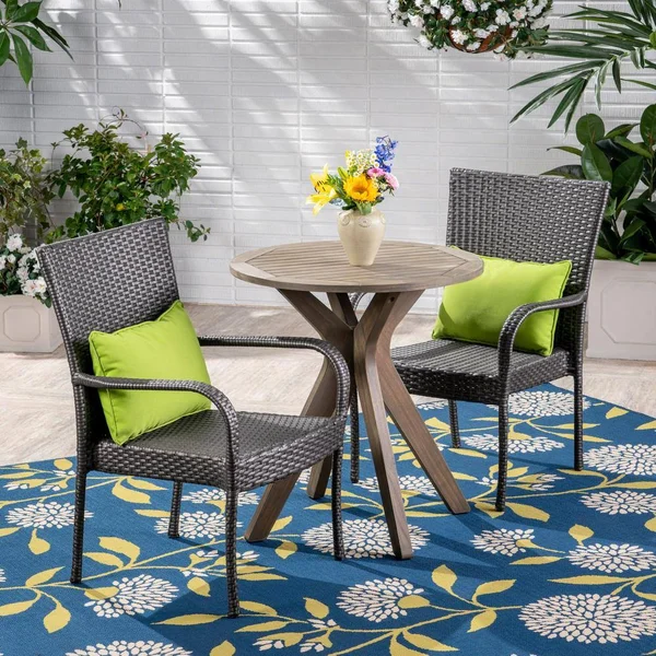 Noble House Sanders Gray 3-Piece Wood and Wicker Outdoor Bistro Set