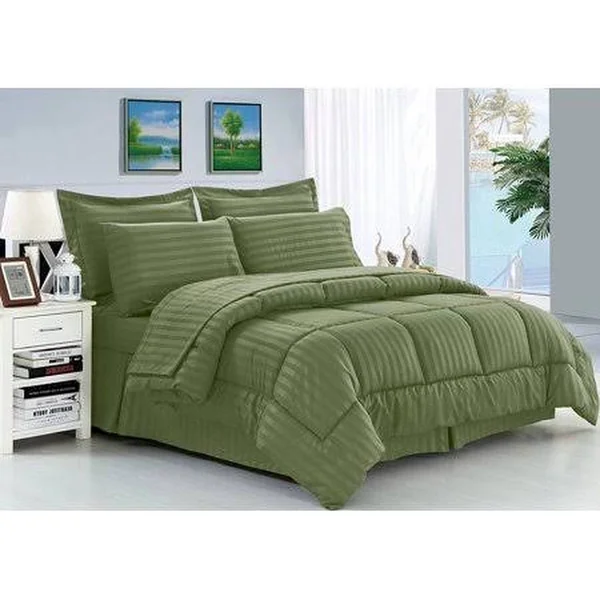 Elegant Comfort Wrinkle Resistant - Silky Soft Dobby Stripe Bed-in-a-Bag 8-Piece Comforter Set --HypoAllergenic - King Sage - Gre