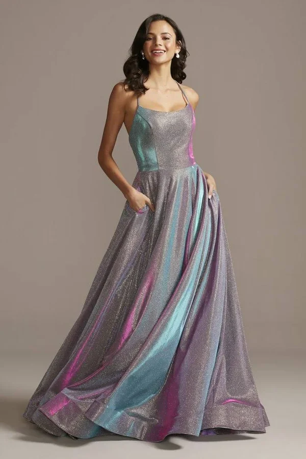 Night Studio Lace-Up Back Metallic Iridescent Glitter Prom Dress - Teal Iridescent, 12