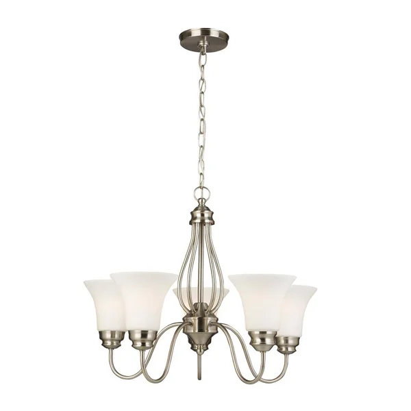 Hampton Bay 5-Light Brushed Nickel Chandelier with White Glass Shades