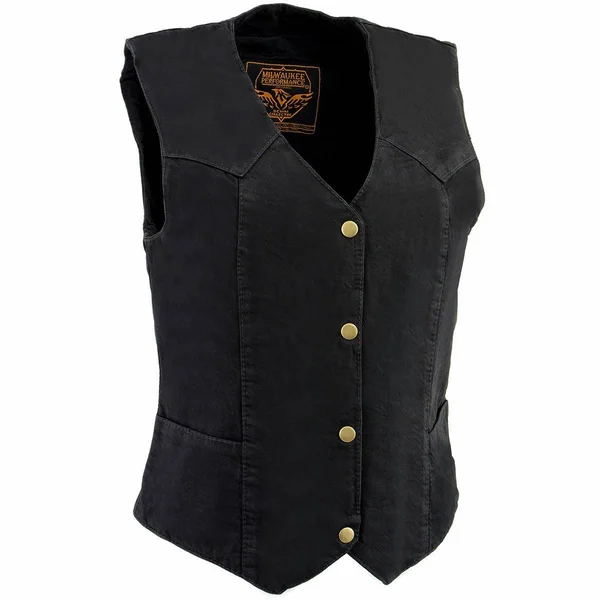 Milwaukee Leather Mdl4000 Ladies Black Plain Side 3 Snap Front Denim Vest - Black - 3X-Large