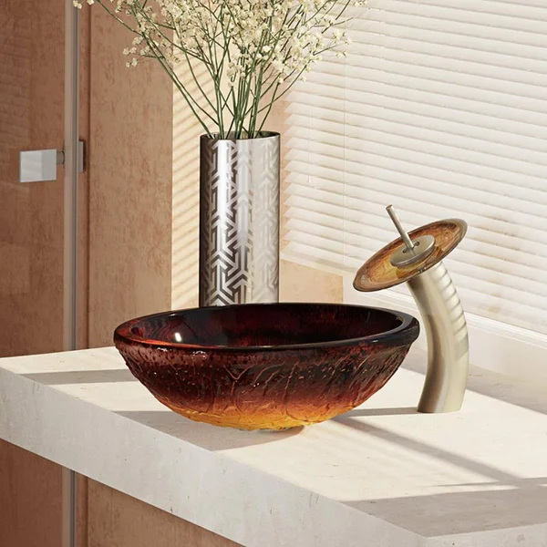 Rene R5-5018-WF-BN Red Lava Glass Bathroom Sink with Brushed Nickel Waterfall Faucet, Sink Ring, and Vessel Pop-Up Drain