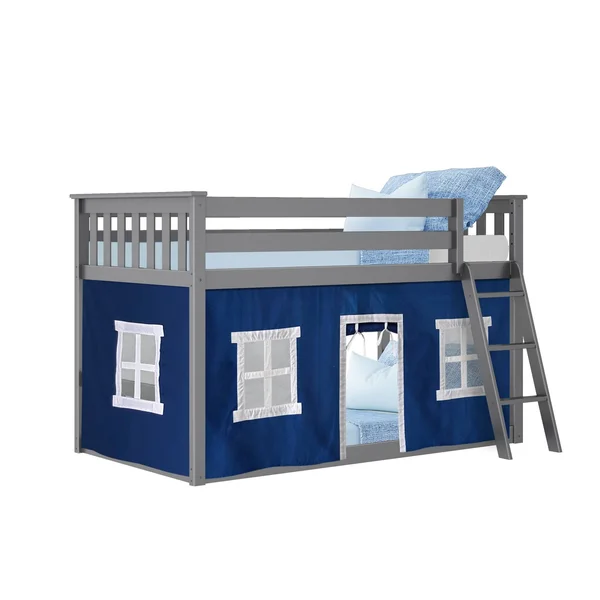 Max & Lily Twin Over Twin Low Bunk with Blue Curtains - Grey