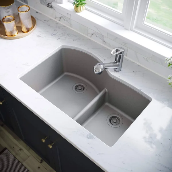 Mr Direct 811-S-CST Quartz Granite 33x22 L x 22x22 W Undermount Kitchen Sink with Basket STRAINER Finish: Silver