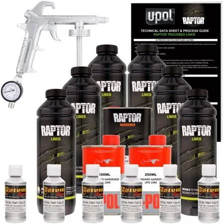 Custom Shop U-POL Raptor Bright Silver Urethane Spray-On Truck Bed Liner Kit w/ Free Custom Coat Spray Gun with Regulator, 6 Lit