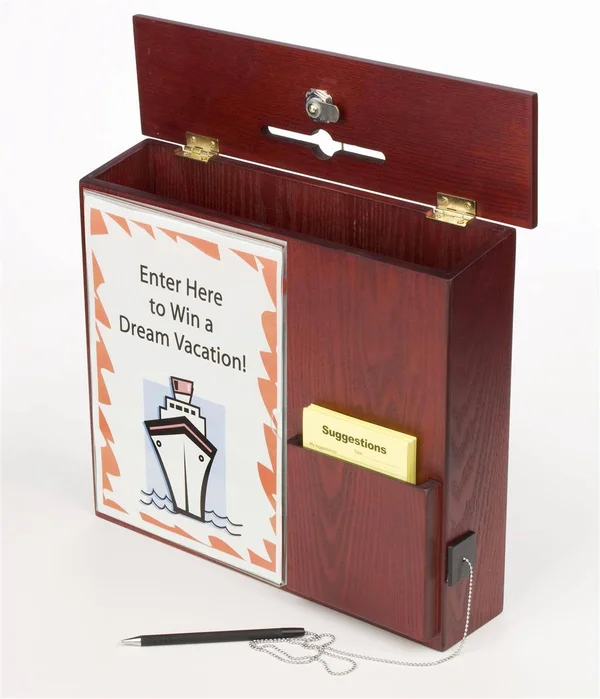 Displays2go Wood Wall-Mounting Suggestion Box - Ballot Box with Locking Lid, Pocket, Sign Holder and Pen - Red Mahogany, Size: 15
