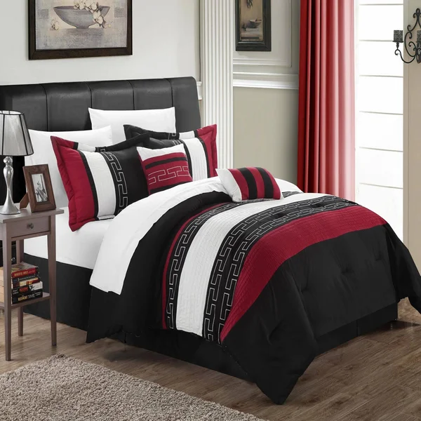 Chic Home Carlton Black - Burgundy & White Queen 10 Piece Comforter Bed in A Bag Set