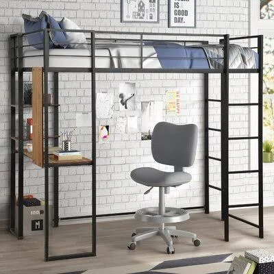 Metal Loft Bed Frame with 2 Shelves and One Desk Mason & Marbles Color: Black, Size: Full, Double