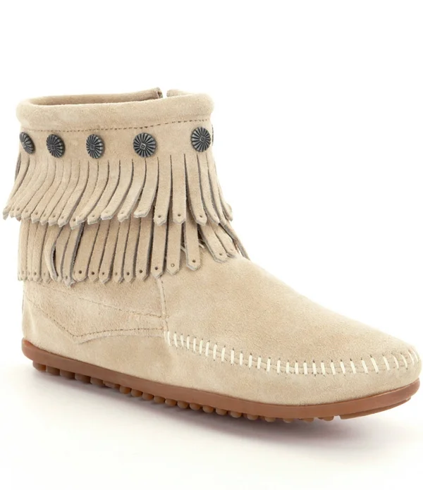 Minnetonka Women's Double Fringe Side Zip Boot Stone - 6