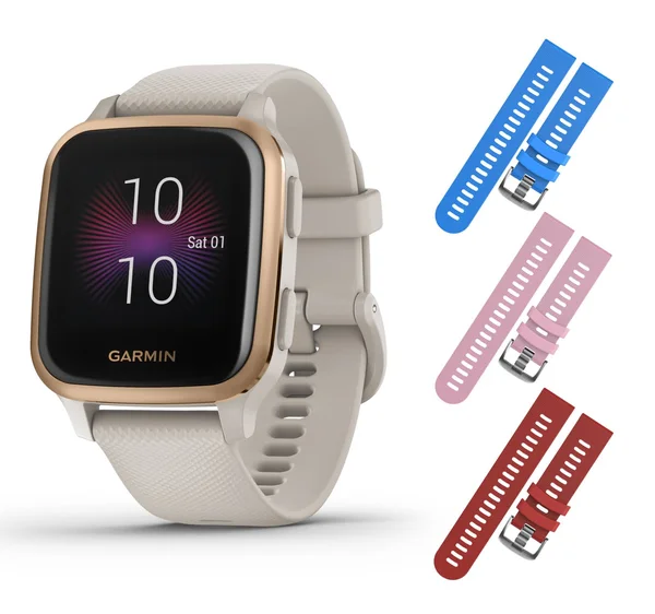 Garmin Venu Sq Music GPS Fitness Smartwatch and Included Wearable4U 3 Straps Bundle (Blue/Pink/Red, Light Sand/Rose Gold 010-024